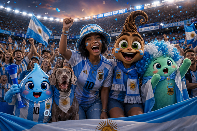 Grupo de personajes de Respira Argentina: Alma, Mondongo, Sacha, Ko y Samay.